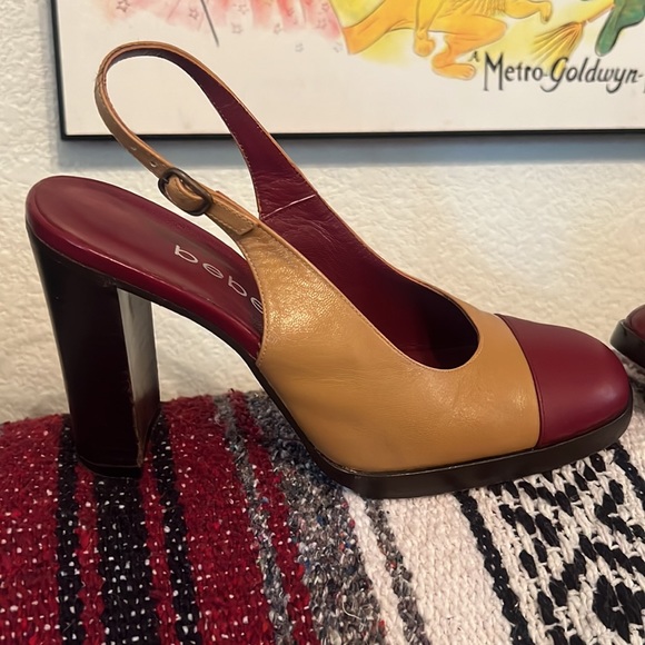 bebe US 7 1/2 Burgundy & Tan Leather Slingback Chunky High Heels Made in Spain - Picture 2 of 6